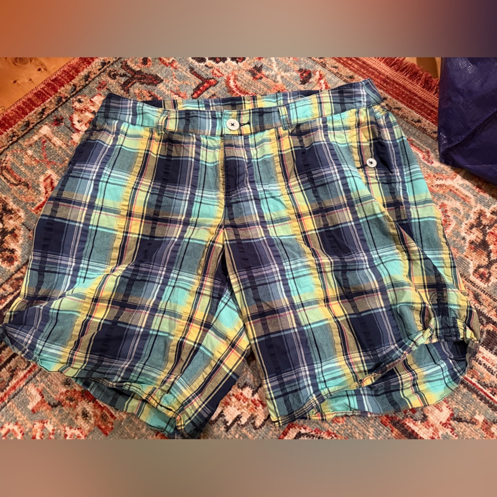 EUC Lane Bryant 16 Plaid Women's Bermuda Shorts - Navy Blue, Turquoise & Yellow